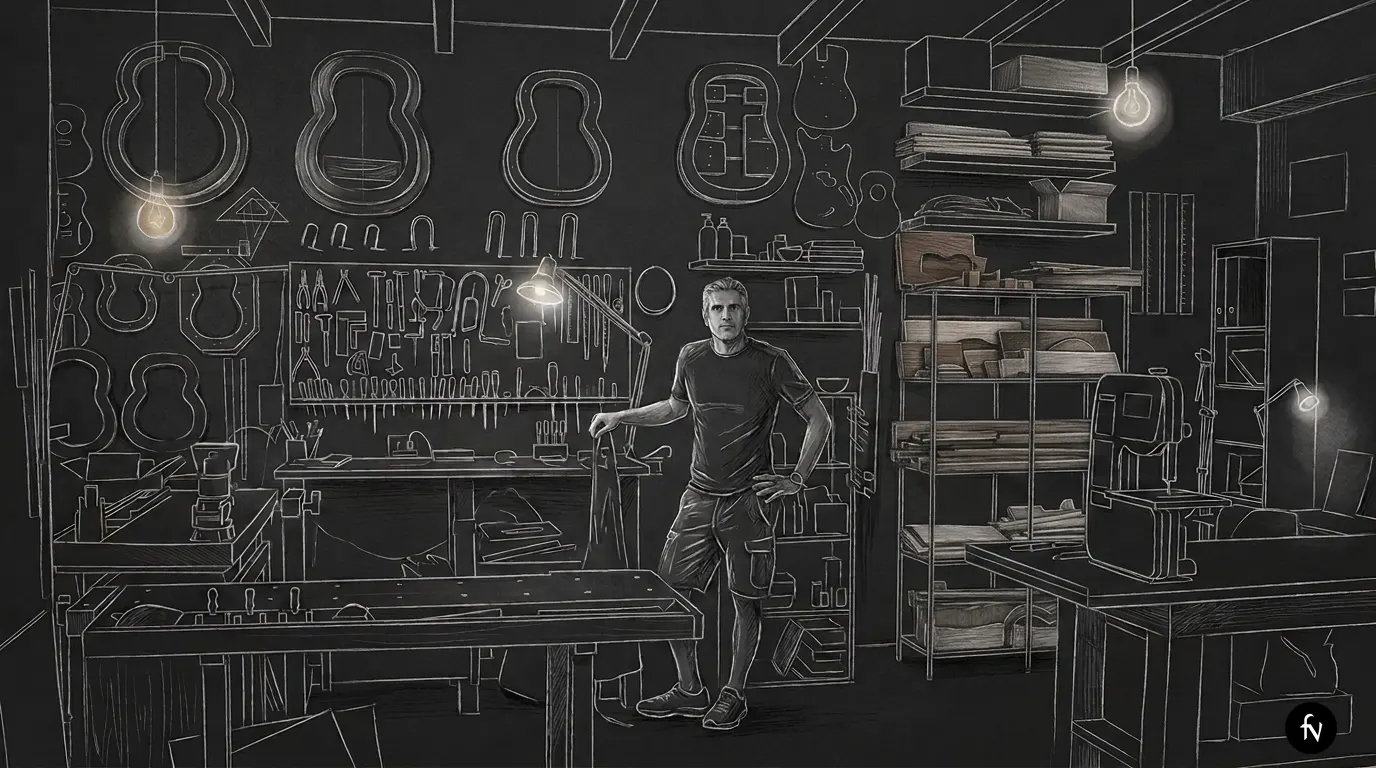 Illustrazione a tratto del laboratorio di liuteria UMA LAB: il liutaio in piedi accanto al banco da lavoro, sagome di casse armoniche appese alle pareti, parete degli utensili e scaffali di legname.