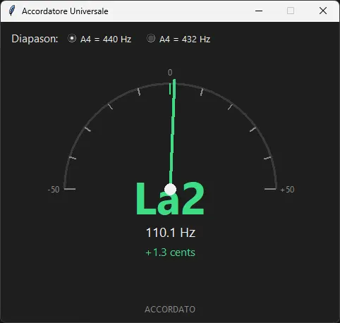 L'Accordatore Universale: display ad ago di ispirazione analogica con nota e deviazione in cents.
